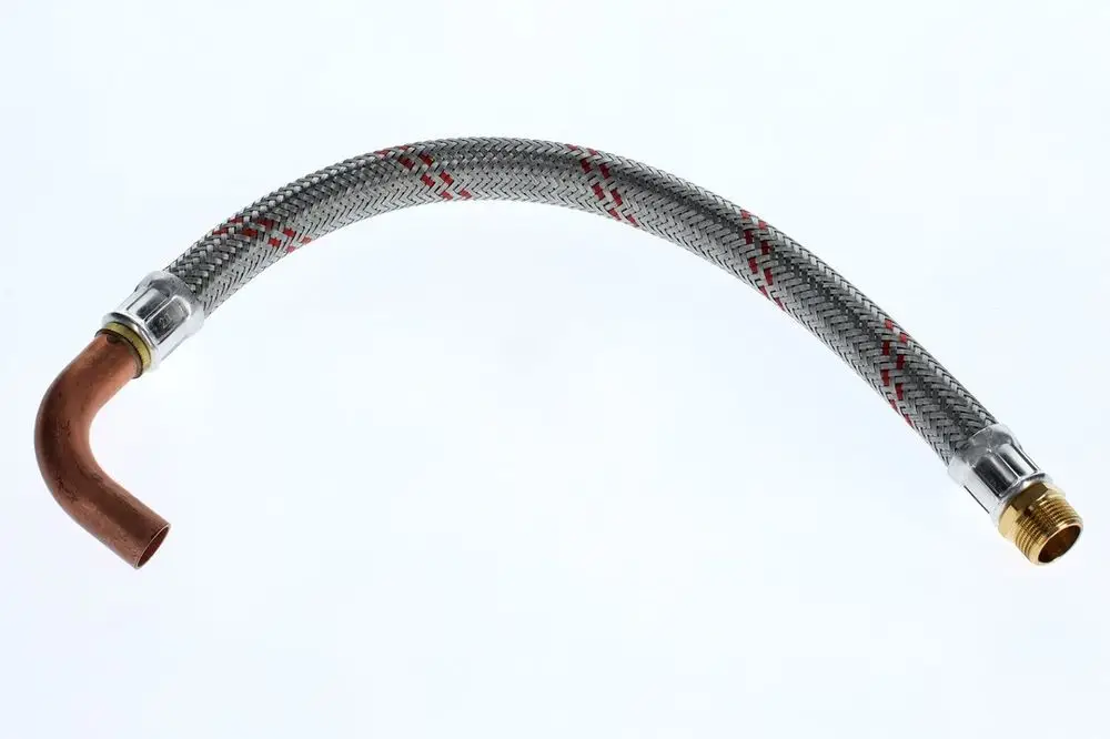 Flexibler Schlauch mit einem gewinkelten Ende aus Kupfer und Metallanschlüssen, hergestellt von Bosch, geeignet für verschiedene Anwendungen im Sanitärbereich.